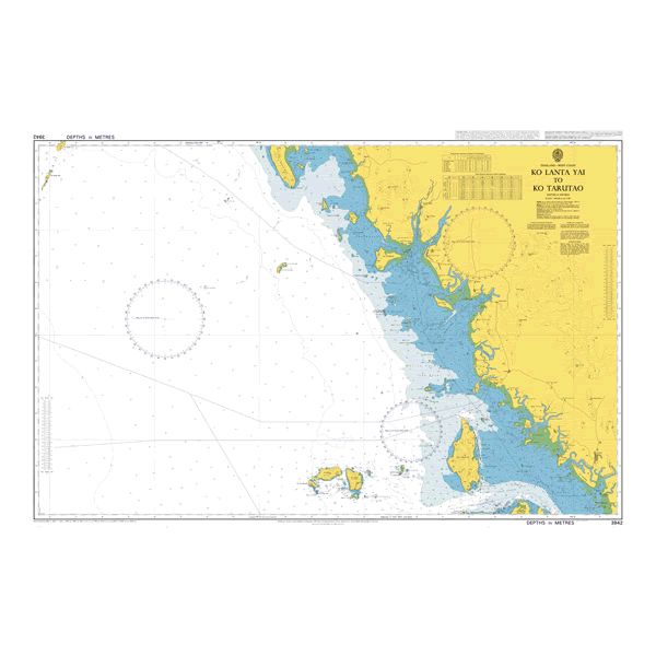 Product image of Admiralty Chart 3942 | Ko Lanta Yai to Ko Tarutao, featuring navigational markings, depth soundings, and coastal features, essential for safe marine navigation. It could be displayed as an art piece or used for navigation on a boat or ship.