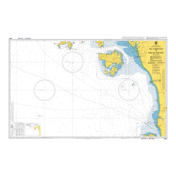 Product image of Admiralty Chart 3943 | Ko Tarutao to Pulau Pinang, featuring navigational markings, depth soundings, and coastal features, essential for safe marine navigation. It could be displayed as an art piece or used for navigation on a boat or ship.