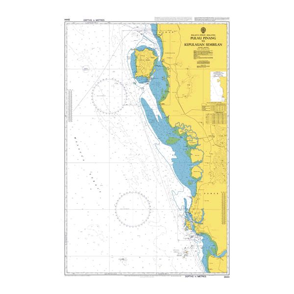 Product image of Admiralty Chart 3944 | Pulau Pinang to Kepulauan Sembilan, featuring navigational markings, depth soundings, and coastal features, essential for safe marine navigation. It could be displayed as an art piece or used for navigation on a boat or ship.