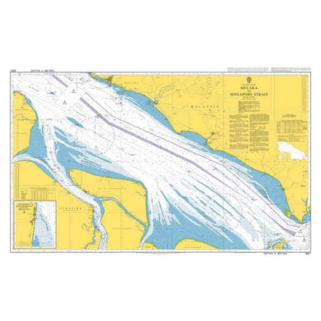 Product image of Admiralty Chart 3947 | Melaka to Singapore Strait, featuring navigational markings, depth soundings, and coastal features, essential for safe marine navigation. It could be displayed as an art piece or used for navigation on a boat or ship.