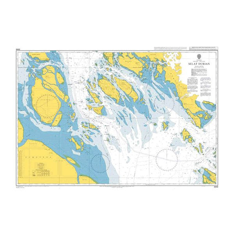 Product image of Admiralty Chart 3948 | Selat Durian, featuring navigational markings, depth soundings, and coastal features, essential for safe marine navigation. It could be displayed as an art piece or used for navigation on a boat or ship.