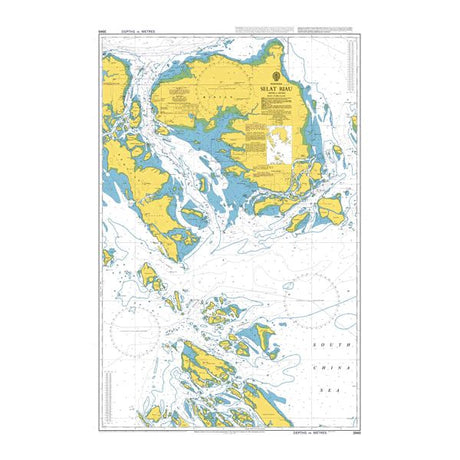 Product image of Admiralty Chart 3949 | Selat Riau, featuring navigational markings, depth soundings, and coastal features, essential for safe marine navigation. It could be displayed as an art piece or used for navigation on a boat or ship.