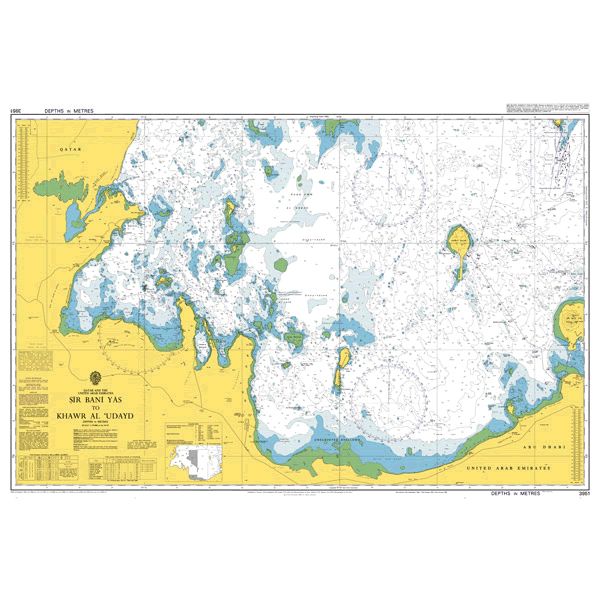 Product image of Admiralty Chart 3951 | Sir Bani Yas to Khawr al 'Udayd, featuring navigational markings, depth soundings, and coastal features, essential for safe marine navigation. It could be displayed as an art piece or used for navigation on a boat or ship.