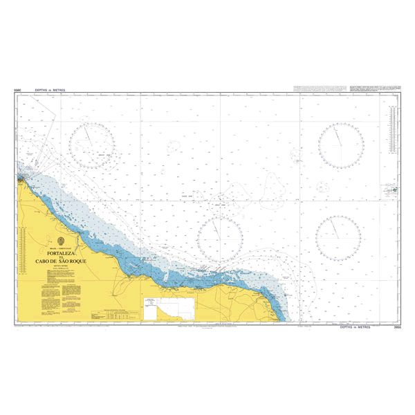 Product image of Admiralty Chart 3955 | Fortaleza to Cabo de Sao Roque, featuring navigational markings, depth soundings, and coastal features, essential for safe marine navigation. It could be displayed as an art piece or used for navigation on a boat or ship.