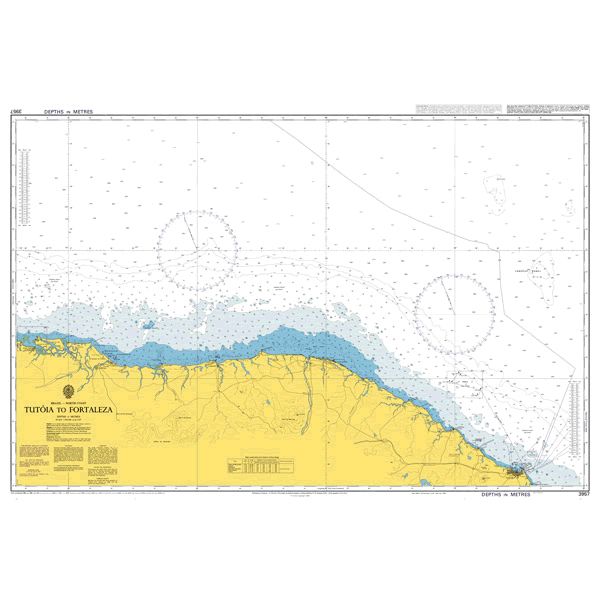 Product image of Admiralty Chart 3957 | Tutoia to Fortaleza, featuring navigational markings, depth soundings, and coastal features, essential for safe marine navigation. It could be displayed as an art piece or used for navigation on a boat or ship.