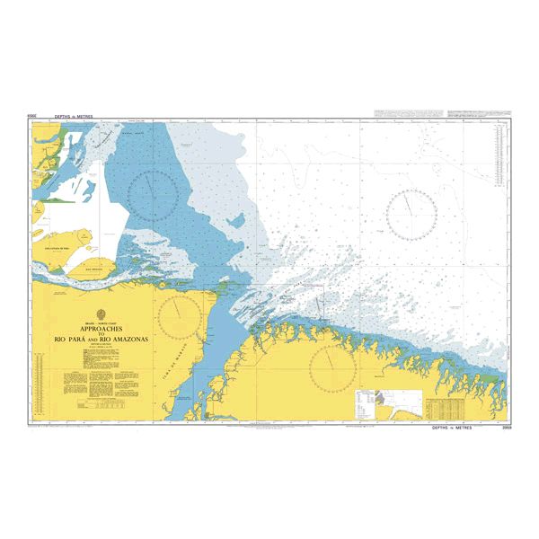 Product image of Admiralty Chart 3959 | Approaches to Rio Para and Rio Amazonas, featuring navigational markings, depth soundings, and coastal features, essential for safe marine navigation. It could be displayed as an art piece or used for navigation on a boat or ship.