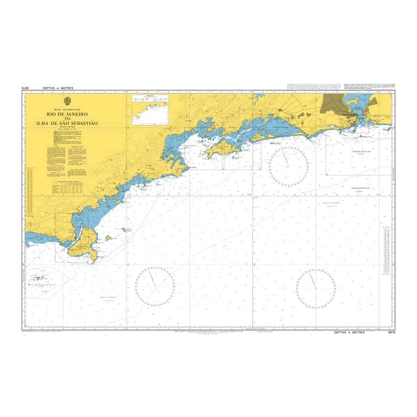 Product image of Admiralty Chart 3970 | Rio de Janeiro to Ilha de Sao Sebastiao, featuring navigational markings, depth soundings, and coastal features, essential for safe marine navigation. It could be displayed as an art piece or used for navigation on a boat or ship.