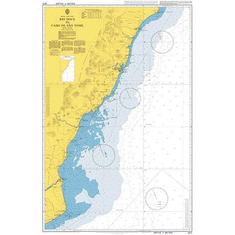 Product image of Admiralty Chart 3972 | Rio Doce to Cabo de Sao Tome, featuring navigational markings, depth soundings, and coastal features, essential for safe marine navigation. It could be displayed as an art piece or used for navigation on a boat or ship.