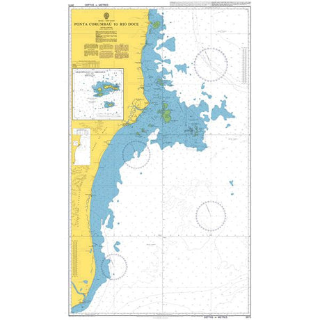 Product image of Admiralty Chart 3973 | Ponta Corumbau to Rio Doce, featuring navigational markings, depth soundings, and coastal features, essential for safe marine navigation. It could be displayed as an art piece or used for navigation on a boat or ship.