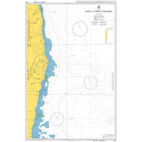 Product image of Admiralty Chart 3974 | Ilheus to Ponta Corumbau, featuring navigational markings, depth soundings, and coastal features, essential for safe marine navigation. It could be displayed as an art piece or used for navigation on a boat or ship.