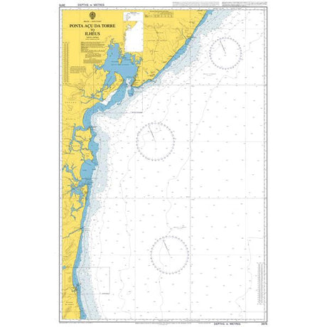 Product image of Admiralty Chart 3975 | Ponta Acu da Torre to Ilheus, featuring navigational markings, depth soundings, and coastal features, essential for safe marine navigation. It could be displayed as an art piece or used for navigation on a boat or ship.