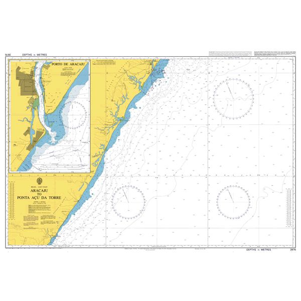 Product image of Admiralty Chart 3976 | Aracaju to Ponta Acu da Torre, featuring navigational markings, depth soundings, and coastal features, essential for safe marine navigation. It could be displayed as an art piece or used for navigation on a boat or ship.