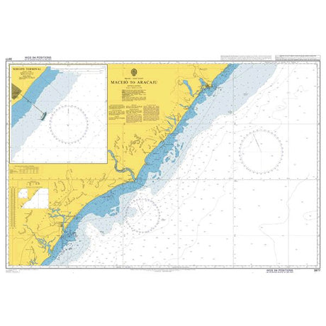 Product image of Admiralty Chart 3977 | Maceio to Aracaju, featuring navigational markings, depth soundings, and coastal features, essential for safe marine navigation. It could be displayed as an art piece or used for navigation on a boat or ship.