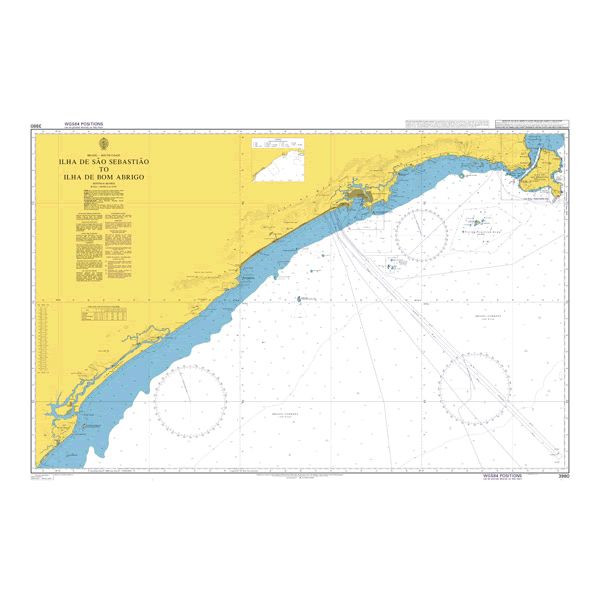 Product image of Admiralty Chart 3980 | Ilha de Sao Sebastiao to Ilha de Bom Abrigo, featuring navigational markings, depth soundings, and coastal features, essential for safe marine navigation. It could be displayed as an art piece or used for navigation on a boat or ship.