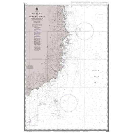 Product image of Admiralty Chart 3987 | Mui Ke Ga to Quy Nhon, featuring navigational markings, depth soundings, and coastal features, essential for safe marine navigation. It could be displayed as an art piece or used for navigation on a boat or ship.