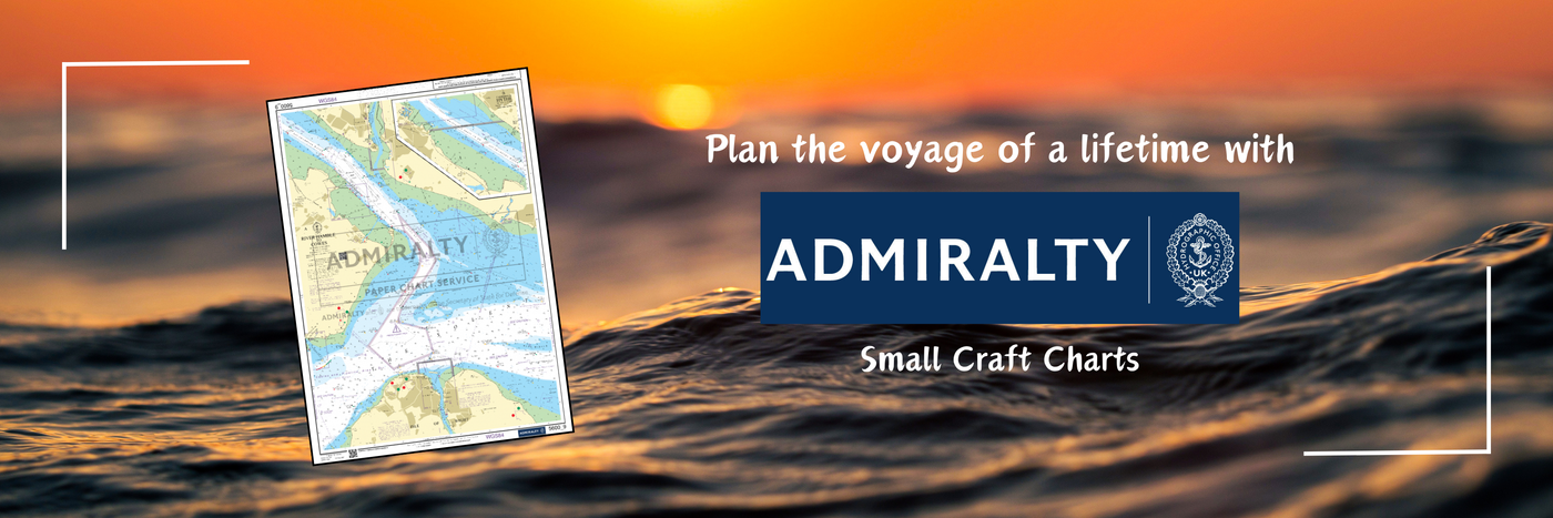 Map image over a sunset ocean background with text: "Plan the voyage of a lifetime with ADMIRALTY Small Craft Charts.