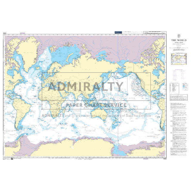 Product image of Admiralty Chart 4000 | The World, featuring navigational markings, depth soundings, and coastal features, essential for safe marine navigation. It could be displayed as an art piece or used for navigation on a boat or ship.