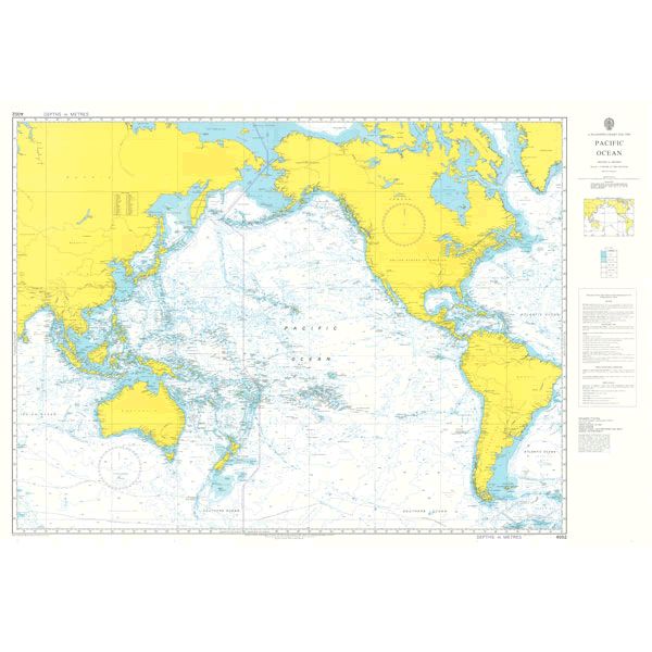 Product image of Admiralty Chart 4002 | A Planning Chart for the Pacific Ocean, featuring navigational markings, depth soundings, and coastal features, essential for safe marine navigation. It could be displayed as an art piece or used for navigation on a boat or ship.