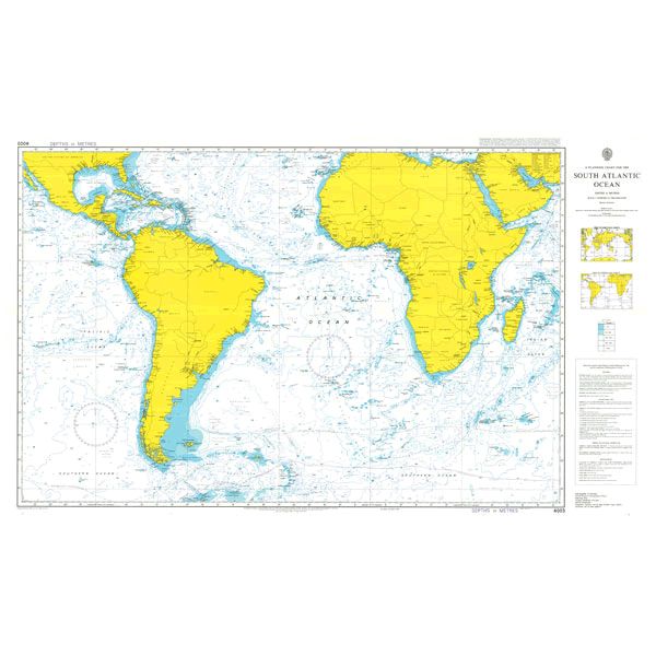 Product image of Admiralty Chart 4003 | A Planning Chart for the South Atlantic Ocean, featuring navigational markings, depth soundings, and coastal features, essential for safe marine navigation. It could be displayed as an art piece or used for navigation on a boat or ship.