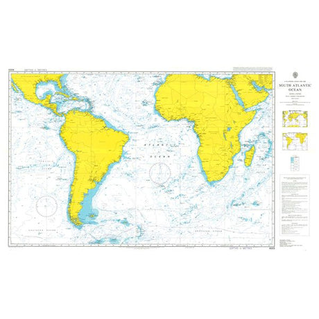 Product image of Admiralty Chart 4003 | A Planning Chart for the South Atlantic Ocean, featuring navigational markings, depth soundings, and coastal features, essential for safe marine navigation. It could be displayed as an art piece or used for navigation on a boat or ship.