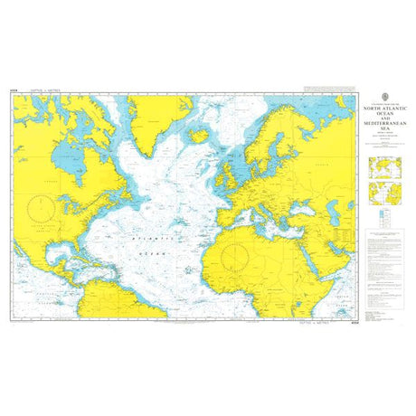 Product image of Admiralty Chart 4004 | A Planning Chart for the North Atlantic Ocean and Mediterranean Sea, featuring navigational markings, depth soundings, and coastal features, essential for safe marine navigation. It could be displayed as an art piece or used for navigation on a boat or ship.