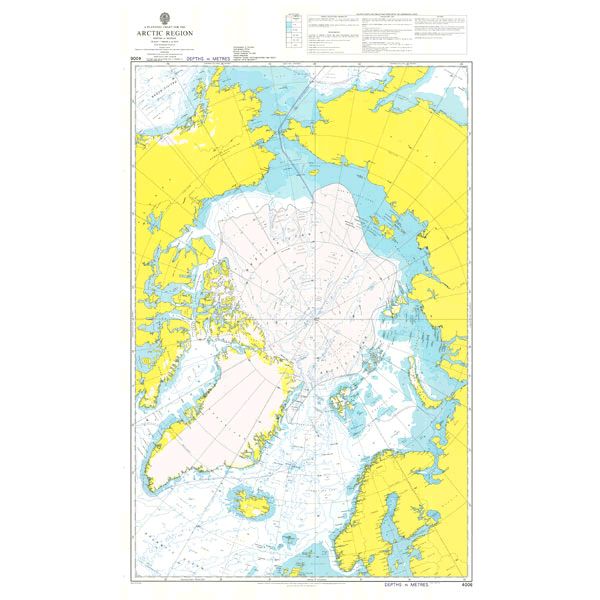 Product image of Admiralty Chart 4006 | A Planning Chart for the Arctic Region, featuring navigational markings, depth soundings, and coastal features, essential for safe marine navigation. It could be displayed as an art piece or used for navigation on a boat or ship.