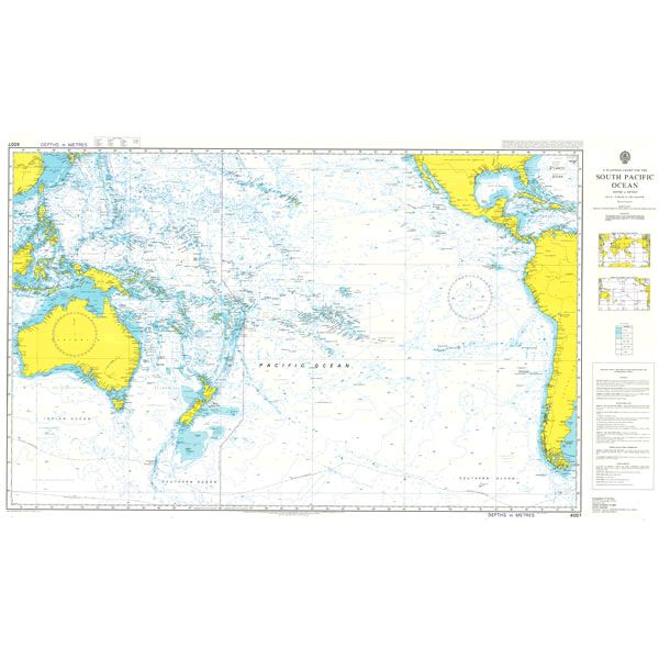 Product image of Admiralty Chart 4007 | A Planning Chart for the South Pacific Ocean, featuring navigational markings, depth soundings, and coastal features, essential for safe marine navigation. It could be displayed as an art piece or used for navigation on a boat or ship.