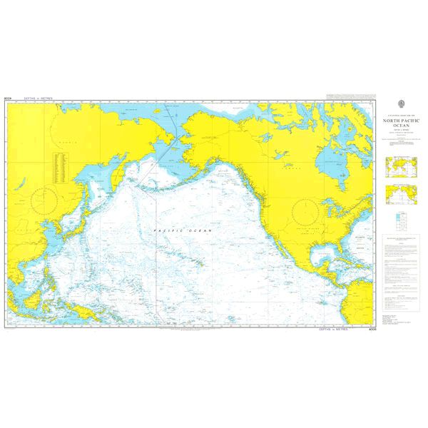 Product image of Admiralty Chart 4008 | A Planning Chart for the North Pacific Ocean, featuring navigational markings, depth soundings, and coastal features, essential for safe marine navigation. It could be displayed as an art piece or used for navigation on a boat or ship.