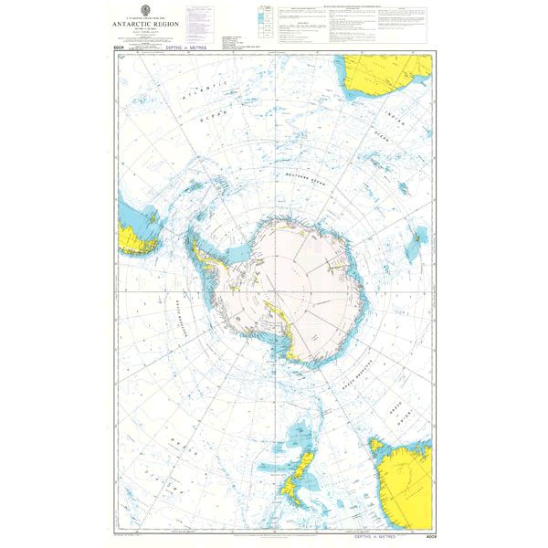 Product image of Admiralty Chart 4009 | A Planning Chart for the Antarctic Region, featuring navigational markings, depth soundings, and coastal features, essential for safe marine navigation. It could be displayed as an art piece or used for navigation on a boat or ship.