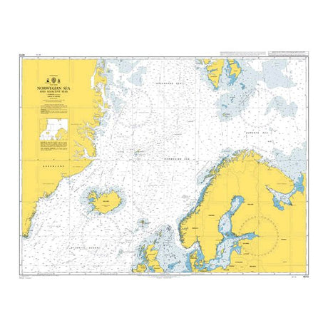 Product image of Admiralty Chart 4010 | Norwegian Sea and Adjacent Seas, featuring navigational markings, depth soundings, and coastal features, essential for safe marine navigation. It could be displayed as an art piece or used for navigation on a boat or ship.