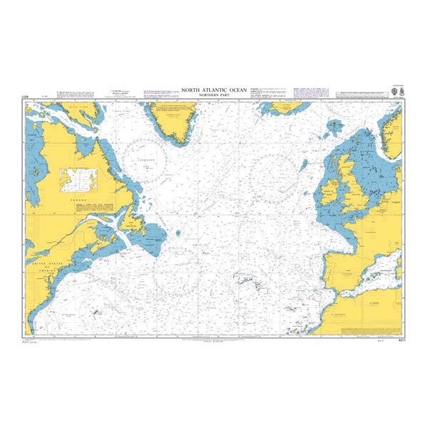 Product image of Admiralty Chart 4011 | North Atlantic Ocean Northern Part, featuring navigational markings, depth soundings, and coastal features, essential for safe marine navigation. It could be displayed as an art piece or used for navigation on a boat or ship.