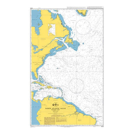 Product image of Admiralty Chart 4013 | North Atlantic Ocean Western Part, featuring navigational markings, depth soundings, and coastal features, essential for safe marine navigation. It could be displayed as an art piece or used for navigation on a boat or ship.