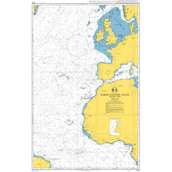 Product image of Admiralty Chart 4014 | North Atlantic Ocean Eastern Part, featuring navigational markings, depth soundings, and coastal features, essential for safe marine navigation. It could be displayed as an art piece or used for navigation on a boat or ship.