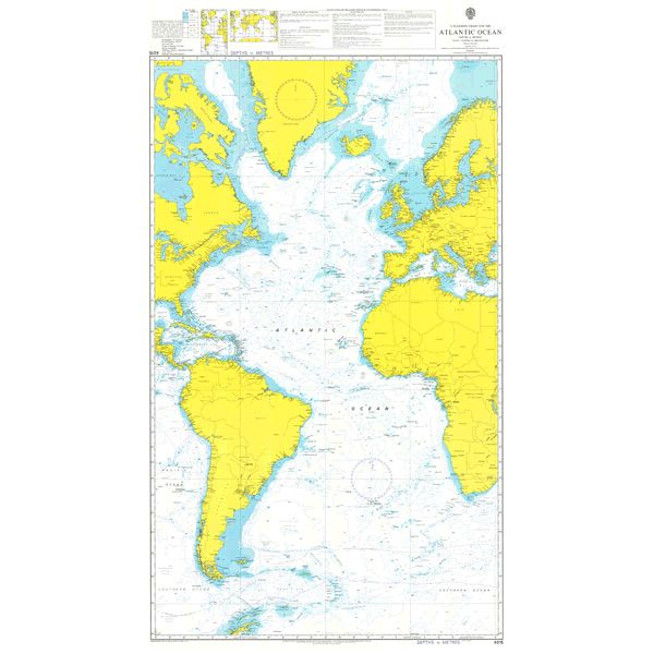 Product image of Admiralty Chart 4015 | A Planning Chart for the Atlantic Ocean, featuring navigational markings, depth soundings, and coastal features, essential for safe marine navigation. It could be displayed as an art piece or used for navigation on a boat or ship.