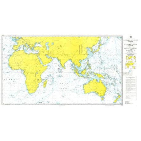 Product image of Admiralty Chart 4016 | A Planning Chart for the Eastern Atlantic Ocean to the Western Pacific Ocean, featuring navigational markings, depth soundings, and coastal features, essential for safe marine navigation. It could be displayed as an art piece or used for navigation on a boat or ship.