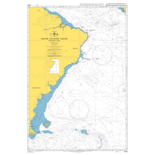 Product image of Admiralty Chart 4020 | South Atlantic Ocean Western Part, featuring navigational markings, depth soundings, and coastal features, essential for safe marine navigation. It could be displayed as an art piece or used for navigation on a boat or ship.