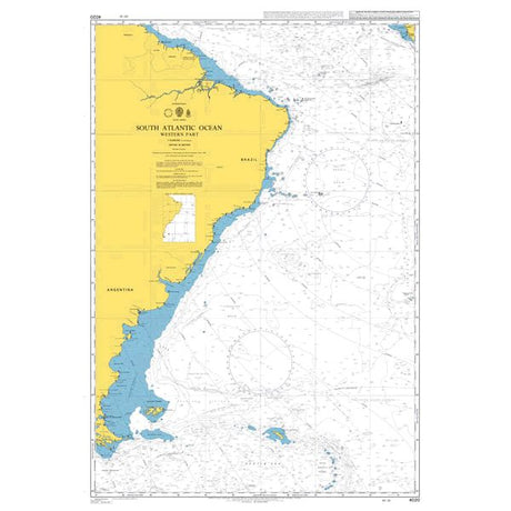 Product image of Admiralty Chart 4020 | South Atlantic Ocean Western Part, featuring navigational markings, depth soundings, and coastal features, essential for safe marine navigation. It could be displayed as an art piece or used for navigation on a boat or ship.