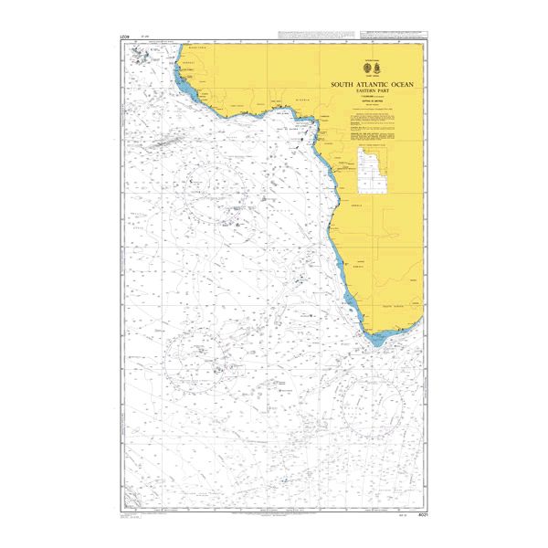 Product image of Admiralty Chart 4021 | South Atlantic Ocean Eastern Part, featuring navigational markings, depth soundings, and coastal features, essential for safe marine navigation. It could be displayed as an art piece or used for navigation on a boat or ship.