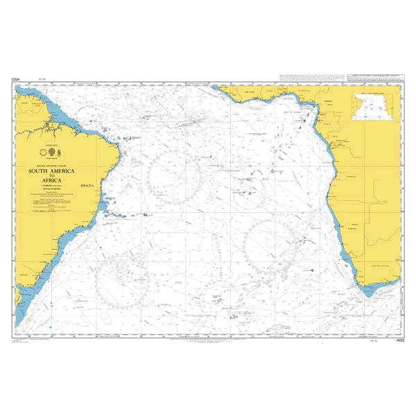 Product image of Admiralty Chart 4022 | South America to Africa, featuring navigational markings, depth soundings, and coastal features, essential for safe marine navigation. It could be displayed as an art piece or used for navigation on a boat or ship.