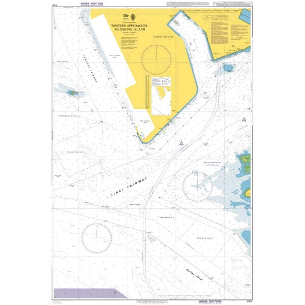 Product image of Admiralty Chart 4031 | Western Approaches to Jurong Island, featuring navigational markings, depth soundings, and coastal features, essential for safe marine navigation. It could be displayed as an art piece or used for navigation on a boat or ship.