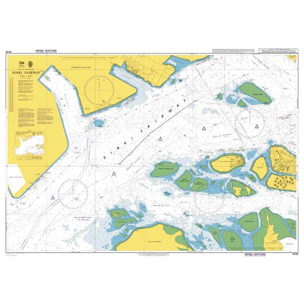 Product image of Admiralty Chart 4032 | Sinki Fairway, featuring navigational markings, depth soundings, and coastal features, essential for safe marine navigation. It could be displayed as an art piece or used for navigation on a boat or ship.