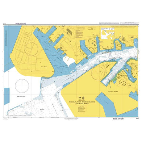 Product image of Admiralty Chart 4033 | Tuas Bay, West Jurong Channel and Pesek Basin, featuring navigational markings, depth soundings, and coastal features, essential for safe marine navigation. It could be displayed as an art piece or used for navigation on a boat or ship.