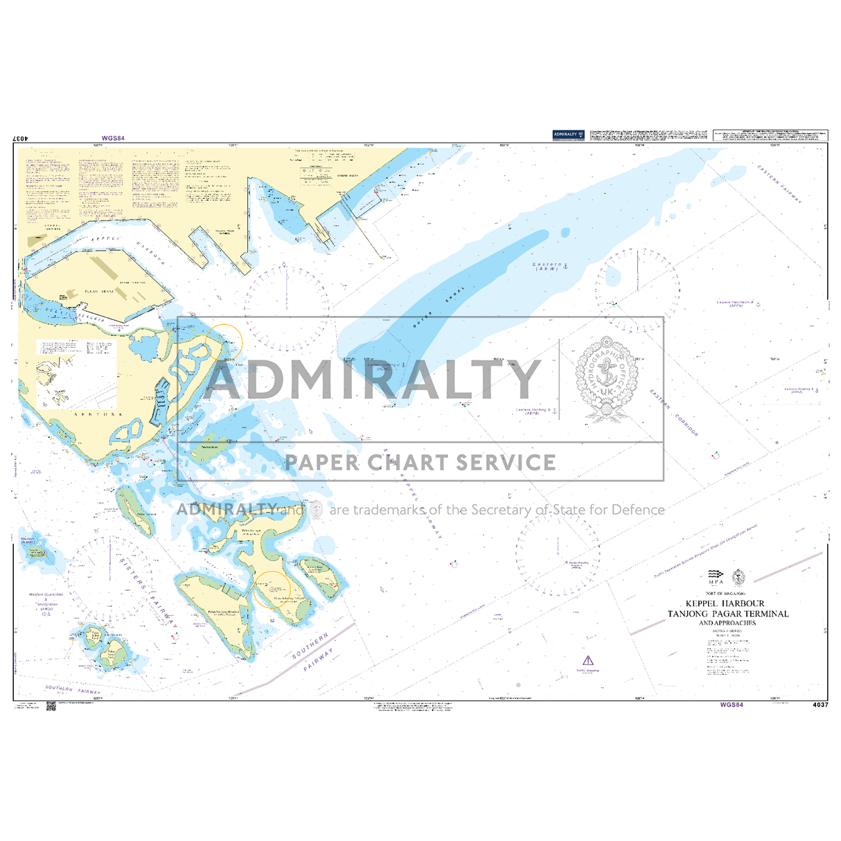 Product image of Admiralty Chart 4037 | Keppel Harbour Tanjong Pagar Terminal and Approaches, featuring navigational markings, depth soundings, and coastal features, essential for safe marine navigation. It could be displayed as an art piece or used for navigation on a boat or ship.