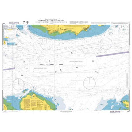 Product image of Admiralty Chart 4042 | Changi to Pulau Mungging and Tanjung Buntan to Tanjung Tondang, featuring navigational markings, depth soundings, and coastal features, essential for safe marine navigation. It could be displayed as an art piece or used for navigation on a boat or ship.