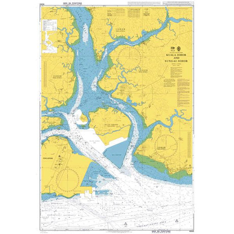 Product image of Admiralty Chart 4043 | Kuala Johor and Sungai Johor, featuring navigational markings, depth soundings, and coastal features, essential for safe marine navigation. It could be displayed as an art piece or used for navigation on a boat or ship.