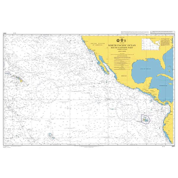 Product image of Admiralty Chart 4051 | North Pacific Ocean South Eastern Part, featuring navigational markings, depth soundings, and coastal features, essential for safe marine navigation. It could be displayed as an art piece or used for navigation on a boat or ship.