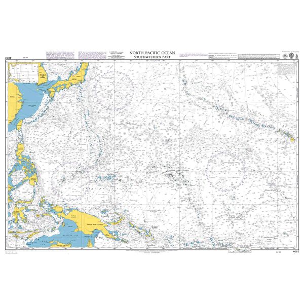 Product image of Admiralty Chart 4052 | North Pacific Ocean Southwestern Part, featuring navigational markings, depth soundings, and coastal features, essential for safe marine navigation. It could be displayed as an art piece or used for navigation on a boat or ship.