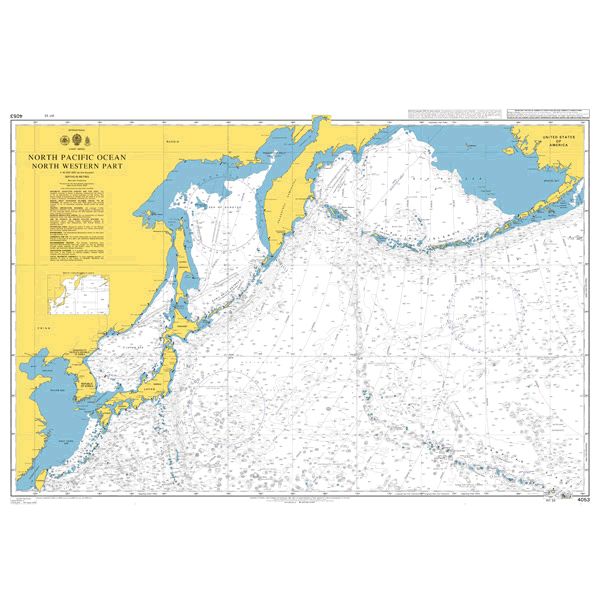 Product image of Admiralty Chart 4053 | North Pacific Ocean North Western Part, featuring navigational markings, depth soundings, and coastal features, essential for safe marine navigation. It could be displayed as an art piece or used for navigation on a boat or ship.