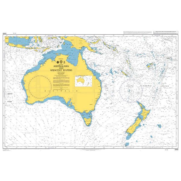 Product image of Admiralty Chart 4060 | Australasia and Adjacent Waters, featuring navigational markings, depth soundings, and coastal features, essential for safe marine navigation. It could be displayed as an art piece or used for navigation on a boat or ship.