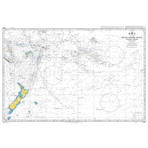 Product image of Admiralty Chart 4061 | South Pacific Ocean Western Portion, featuring navigational markings, depth soundings, and coastal features, essential for safe marine navigation. It could be displayed as an art piece or used for navigation on a boat or ship.